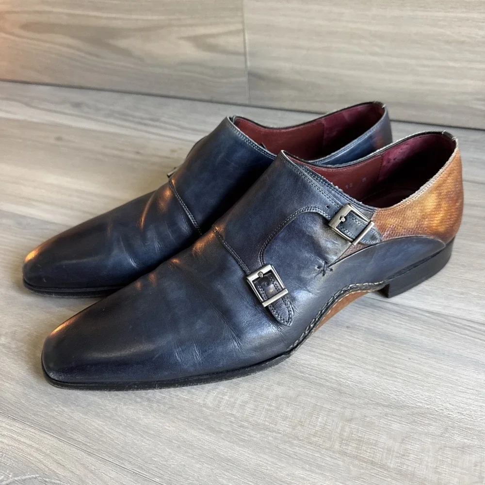 Magnanni Men's Ondara Double-Monk Two-Tone Brown Navy Leather Shoes Sz 12 Spain